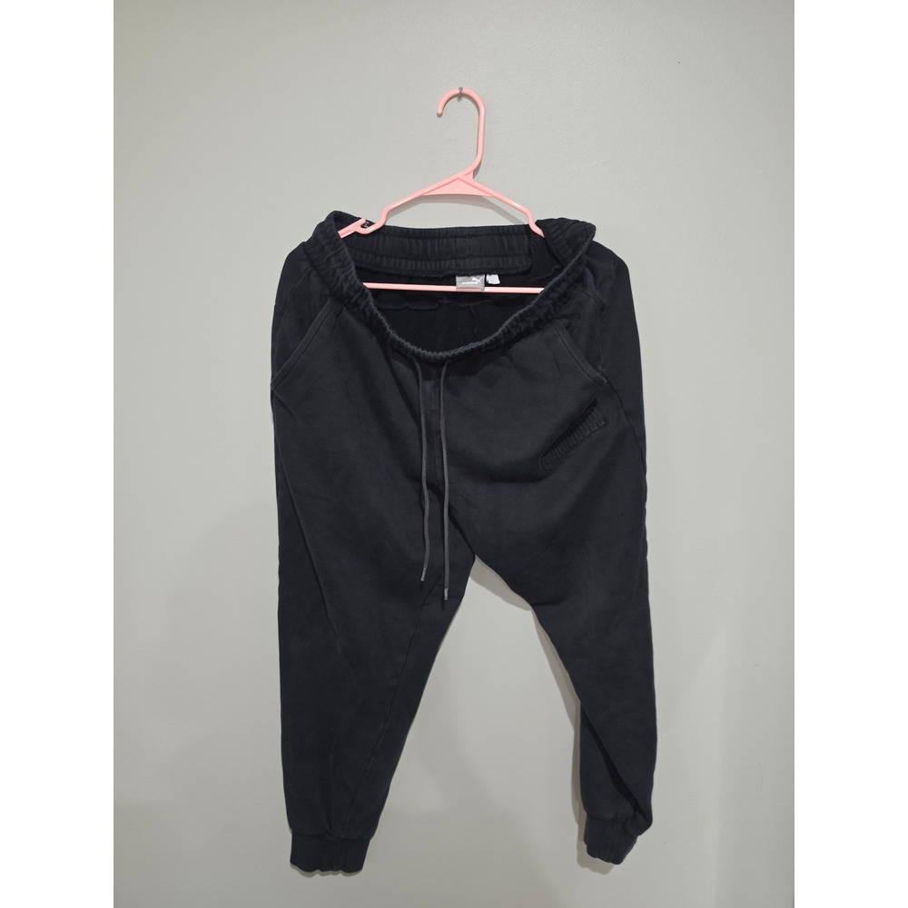 Puma Black Fleece Lined Jogger Sweatpants Mens Large Embroidered Logo Drawstring